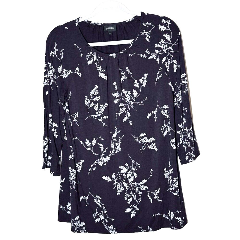 J Jill‎ Wearever Top Sz S Dark Purple Floral Pullover 3/4 Sleeve Career Casual